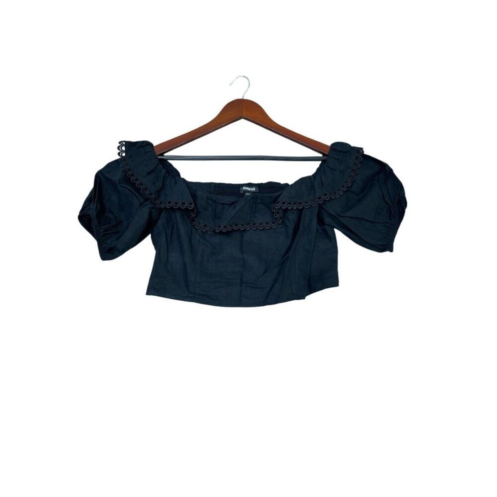 NWT Express Women's L Black Off-The-Shoulder Puff Sleeve Crop Top C0782